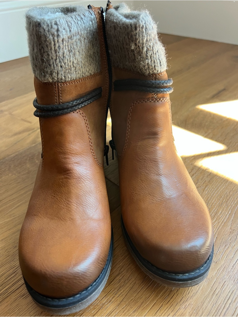 Rieker Tan Leather Ankle Boots with Knit Cuff